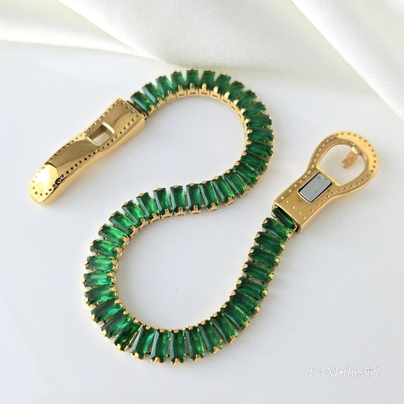 NEW 18K Gold Plated Green Baguette Diamond Tennis Bracelet - Picture 8 of 10